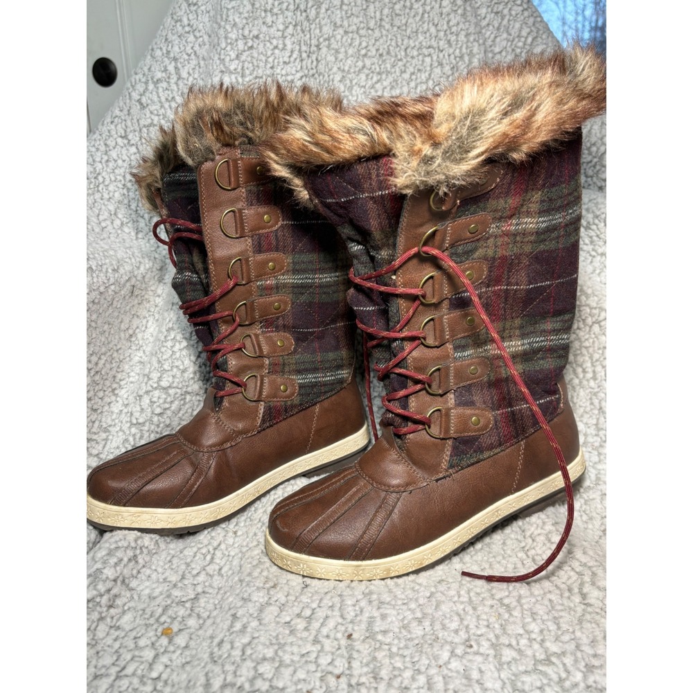 Marley Womens Brown Plaid Faux Fur Trim Lace Up Winter Duck Boots Size 8 - Picture 2 of 8